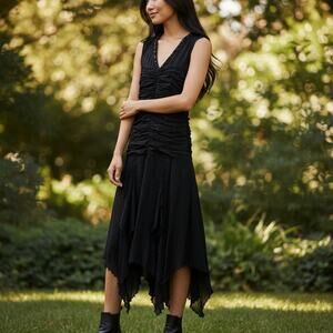 Vintage Y2K 2000s Sangria Black Beaded Midi Dress 8 Asymmetrical Hem Whimsygoth